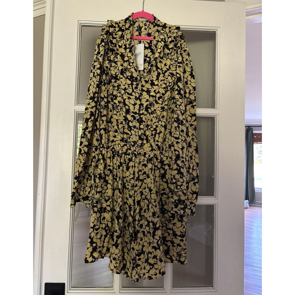 Zadig & Voltaire Yellow Black Floral Collared Button Shirt Midi Dress M